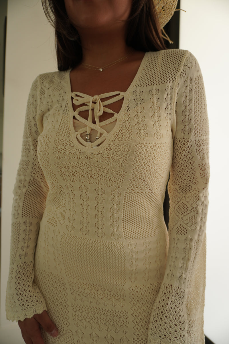 Crochet Lace Bell Sleeve Slit Maxi Dress Mola Crochet Lace Bell Sleeve Slit Maxi Dress Mola