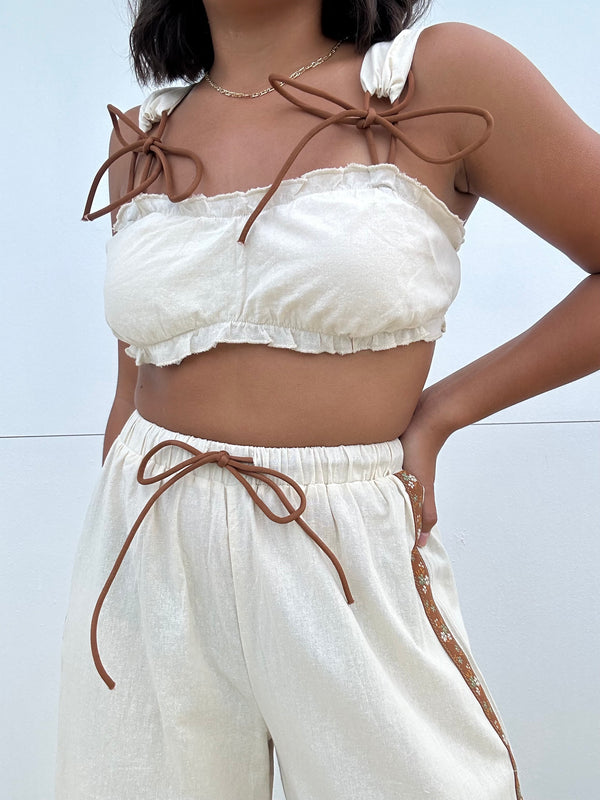 Elastic Tie Waist Wide Leg Pants and Sleeveless Crop Top with Laced Tie Detail Set