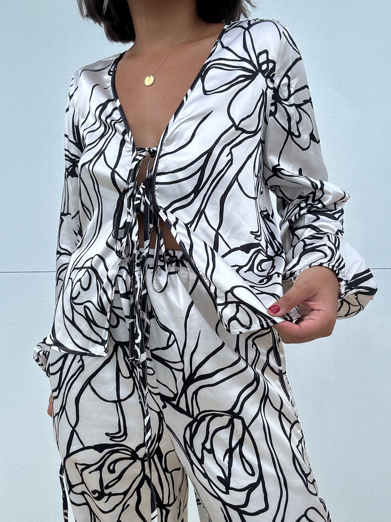 Floral Print Long Sleeve Front Tie Top and Pants Set