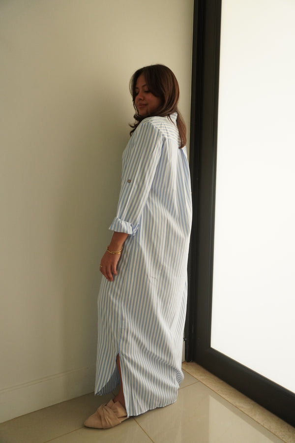 Woven Stripe Print Button-Down Maxi Dress