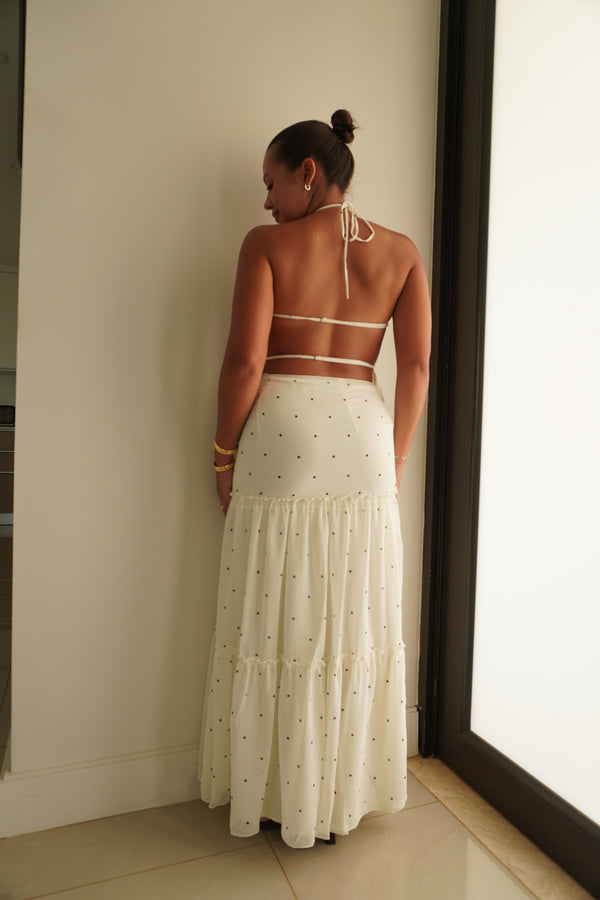 Backless Halterneck Ruffled Top & Tiered Ruffle Midi Skirt Set