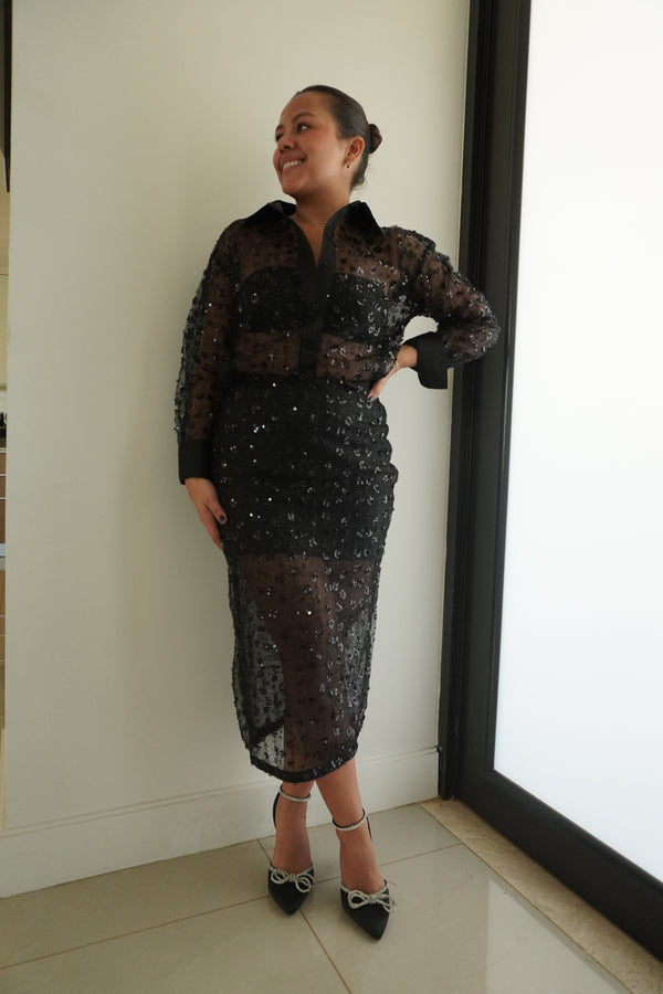 Floral sequin Embroidered Mesh Midi Skirt