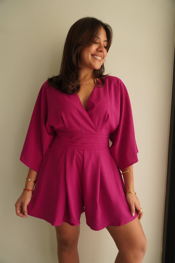 Woven Solid 3/4 Sleeve V- Neck Romper with Pocket