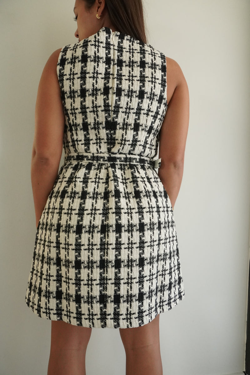 Check Tweed Brooch Detail Belted Mini Dress – Mola
