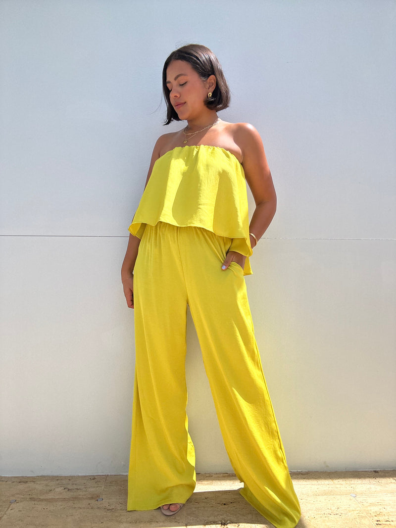 Washed Poly Silk Cascade Strapless Jumpsuit