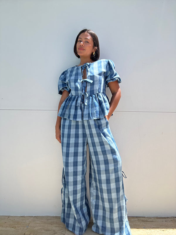 Gingham Gauze Plaid Bow Blouse & Side Tie Detail Pants Set