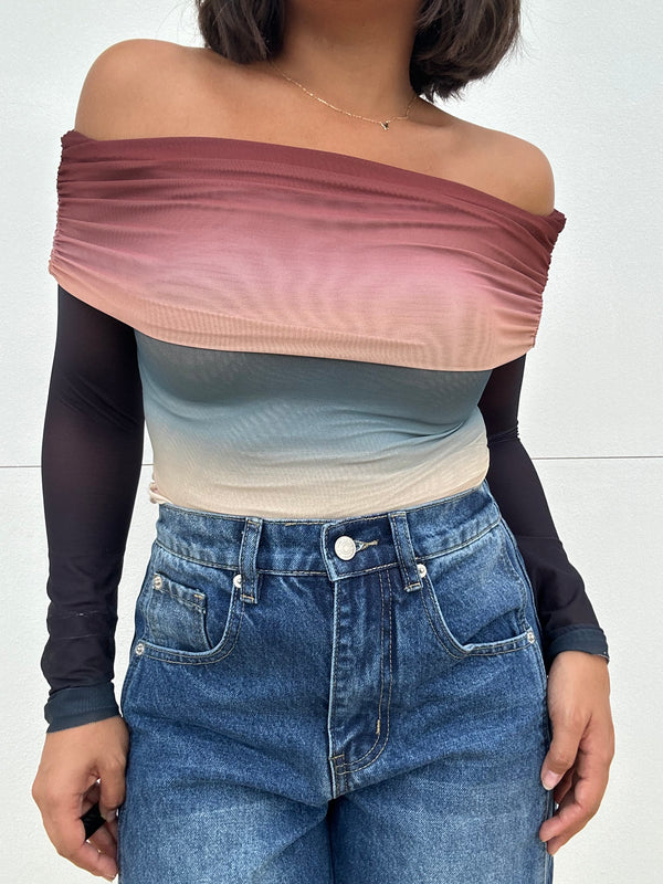 Off Shoulder Mesh Long Sleeve Top