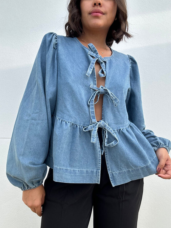 Long Sleeve Denim Bow Tie Blouse