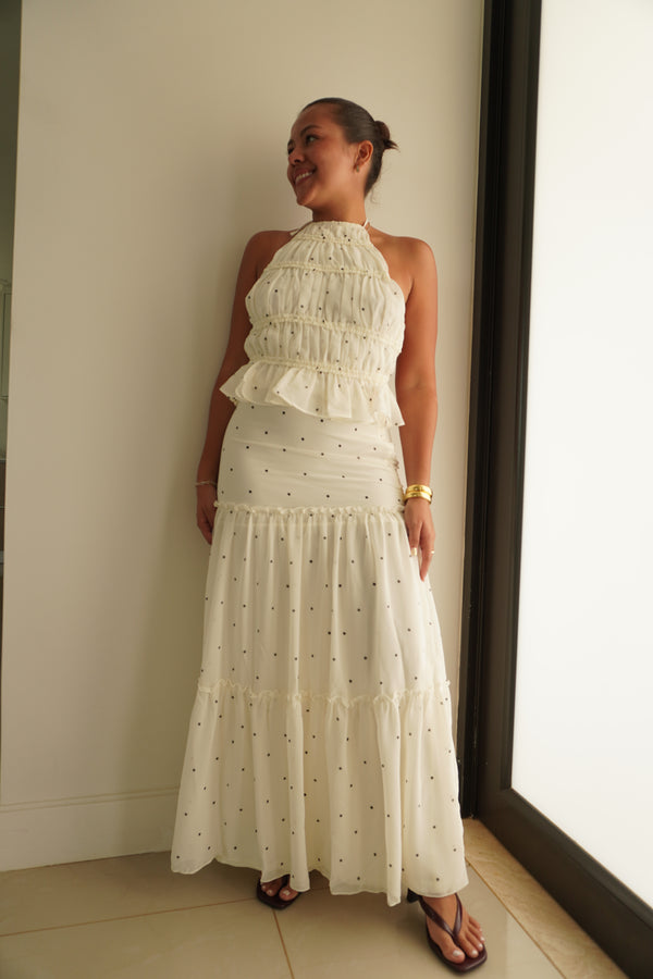 Backless Halterneck Ruffled Top & Tiered Ruffle Midi Skirt Set