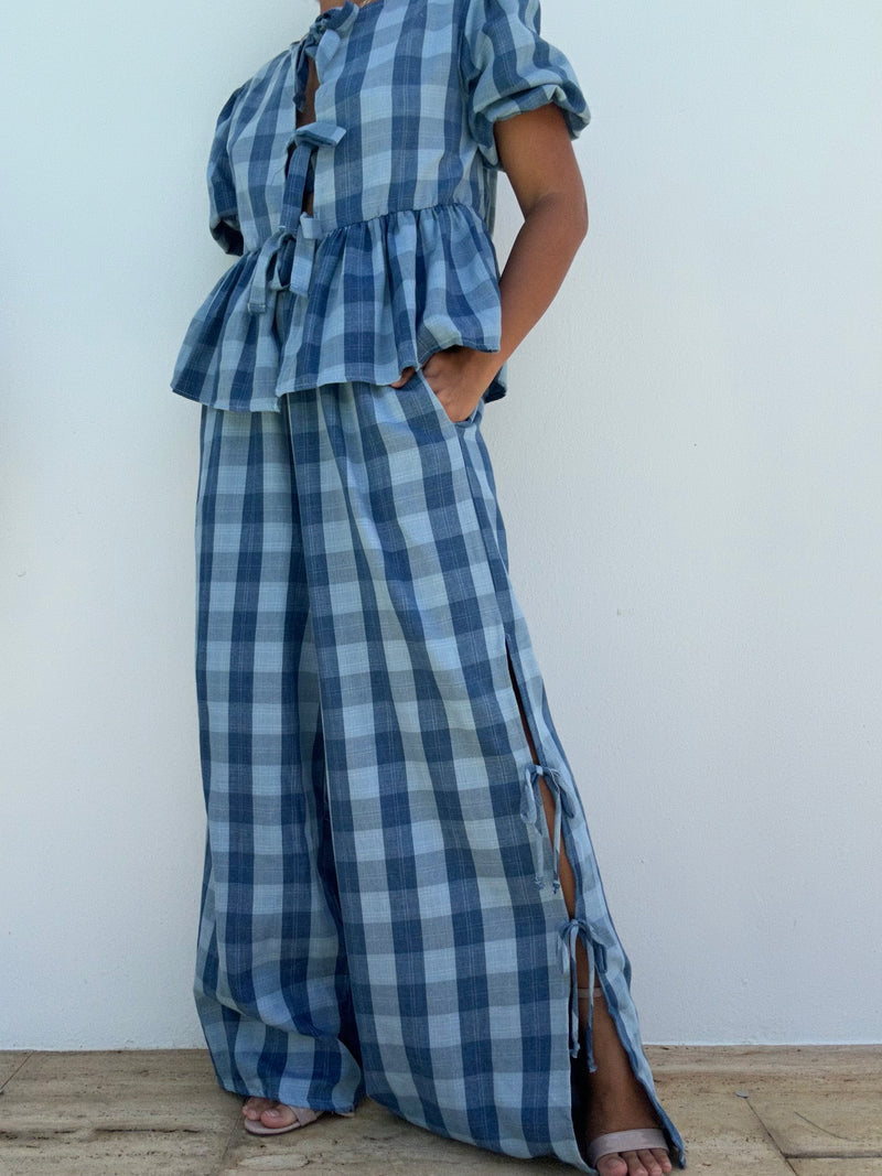 Gingham Gauze Plaid Bow Blouse & Side Tie Detail Pants Set