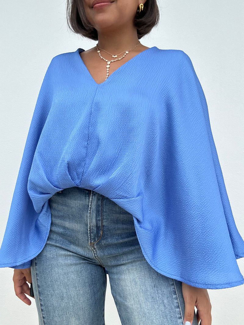 Shiny Hammered Satin Front Tuck Cape Top