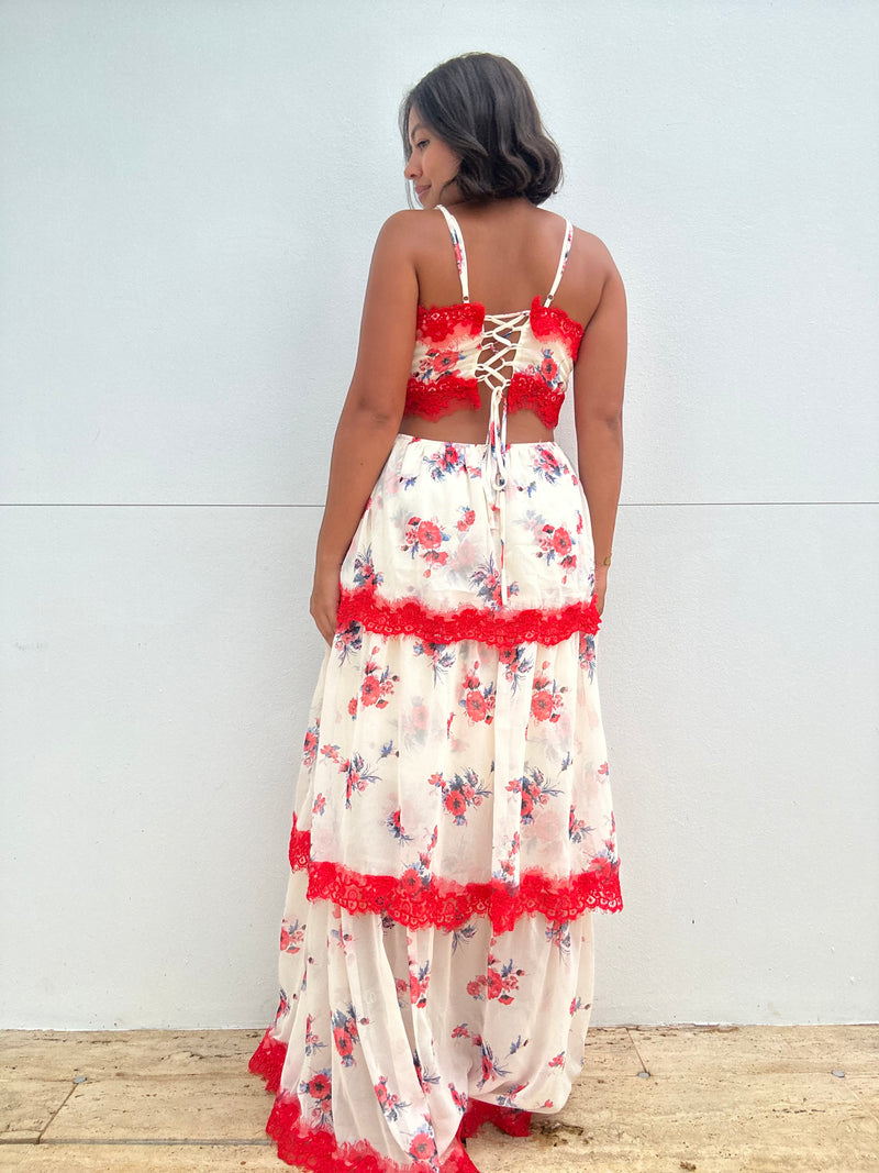 Floral Print Lace Detail Maxi Dress