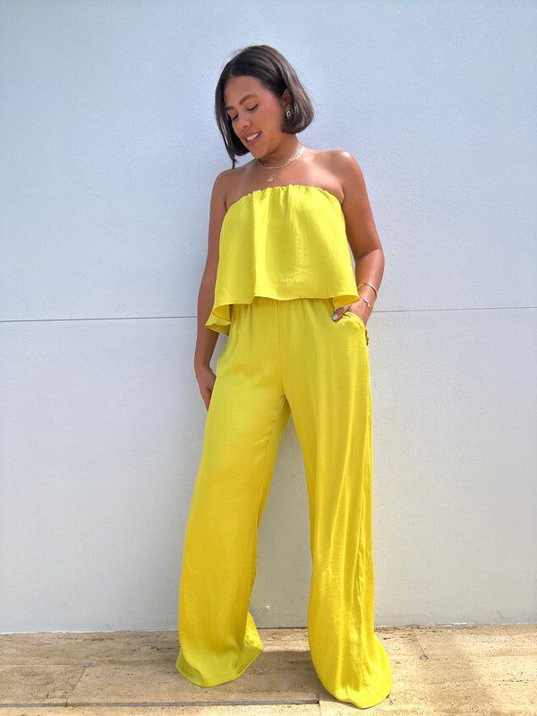 Washed Poly Silk Cascade Strapless Jumpsuit