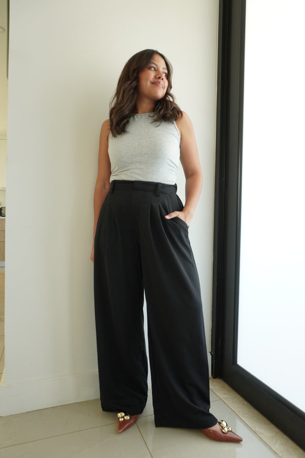 Wide Leg Micro Waffle Textured Pleated Trousers