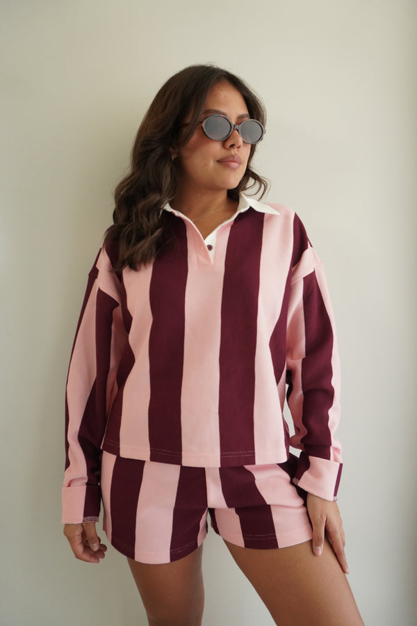 Vertical Striped Crop Rugby Top and Short Set