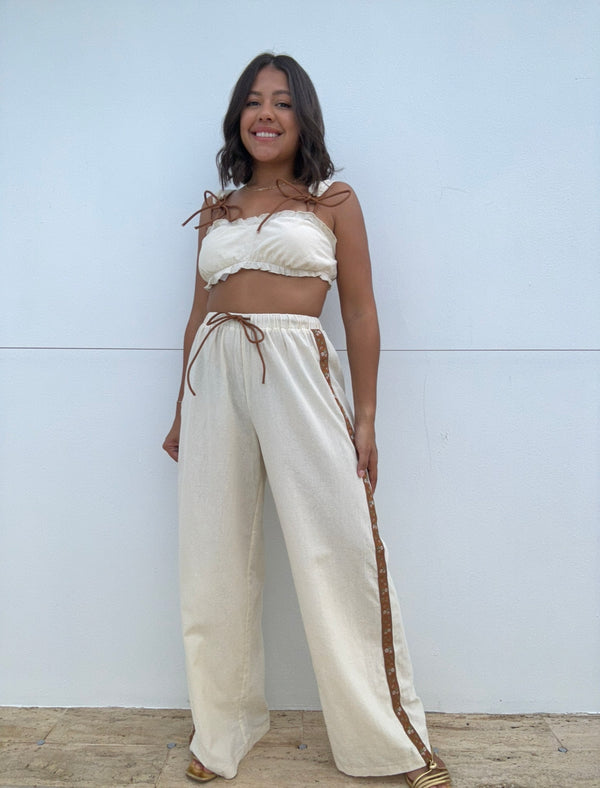 Elastic Tie Waist Wide Leg Pants and Sleeveless Crop Top with Laced Tie Detail Set