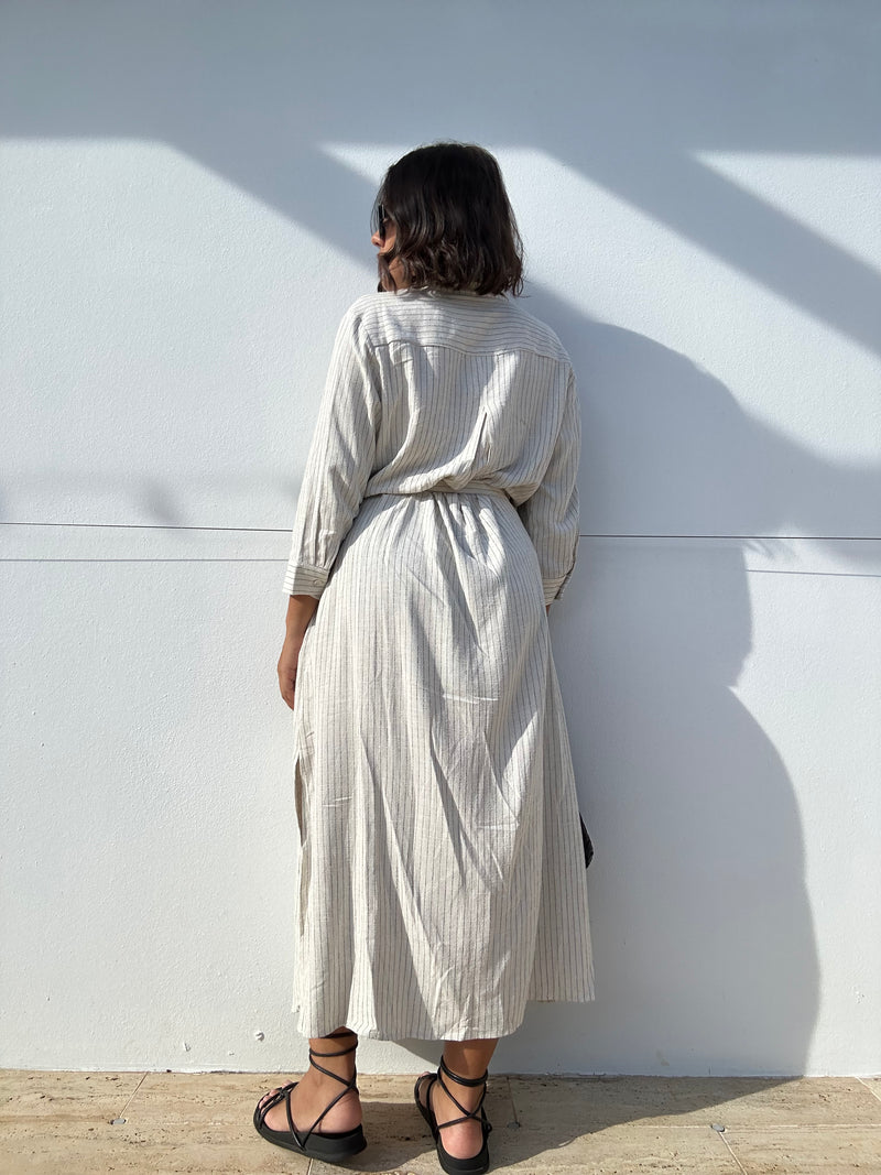 Pinstriped Belted Maxi Shirt Dress