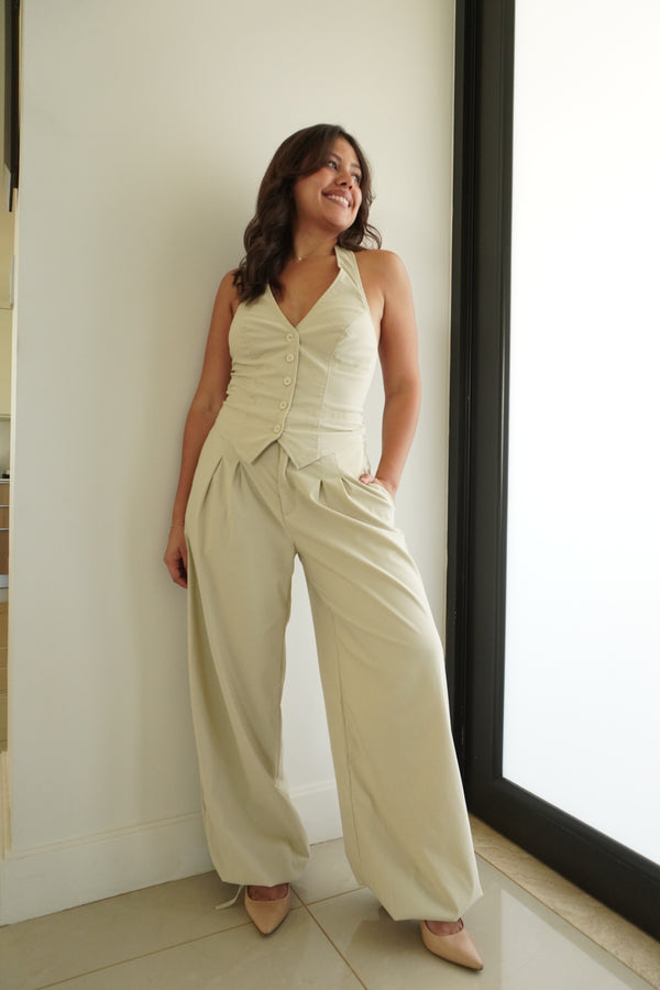 Stretchy Woven Halter Vest Top & Pin-tuck Wide Legged Pants