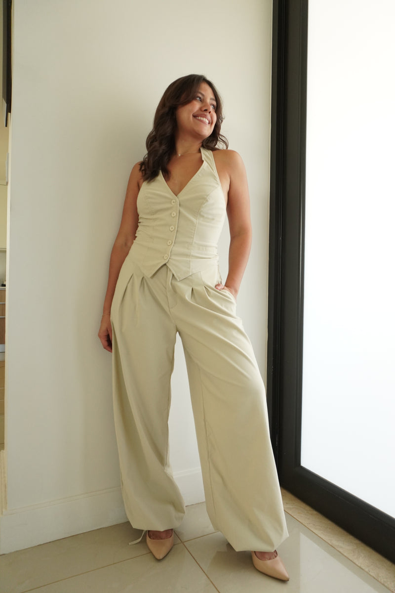 Stretchy Woven Halter Vest Top & Pin-tuck Wide Legged Pants