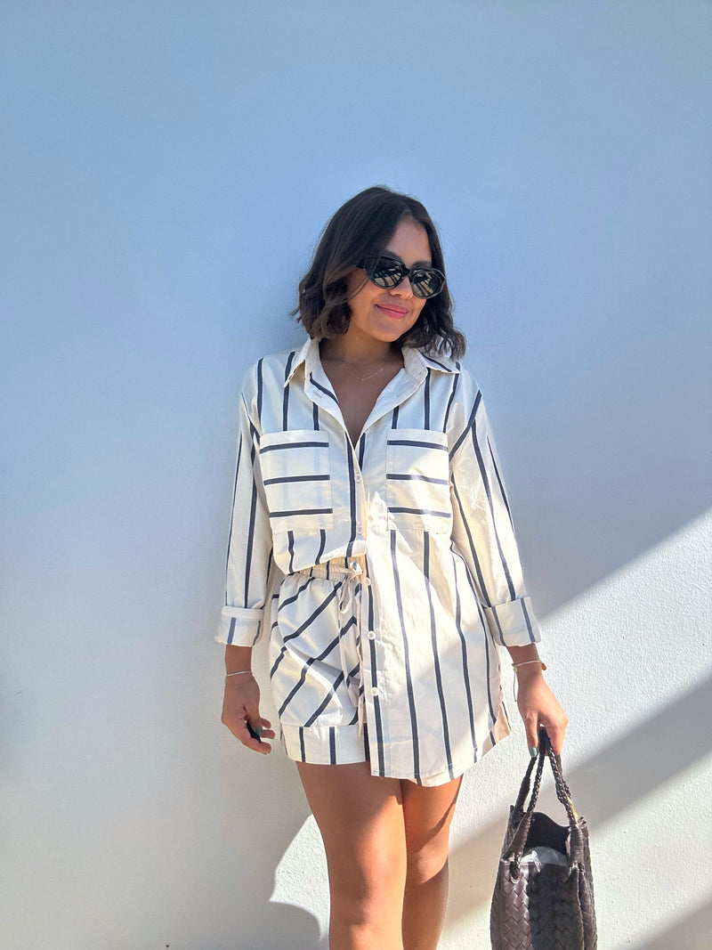 Long Sleeve Striped Button Down Shirt and Short Set