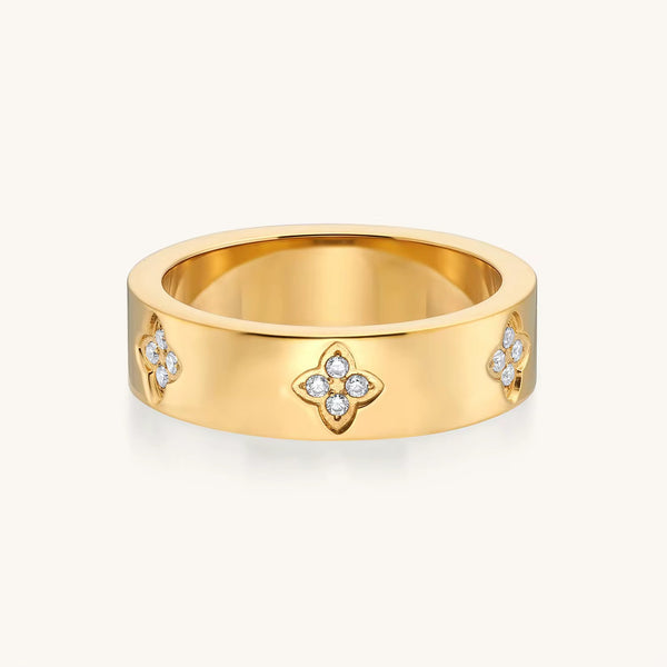 Gold Band Ring with Pavé Motifs